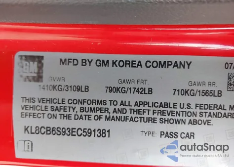 2014 Chevrolet Spark Ls Auto из США, поврежденный, VIN KL8CB6S93EC591381